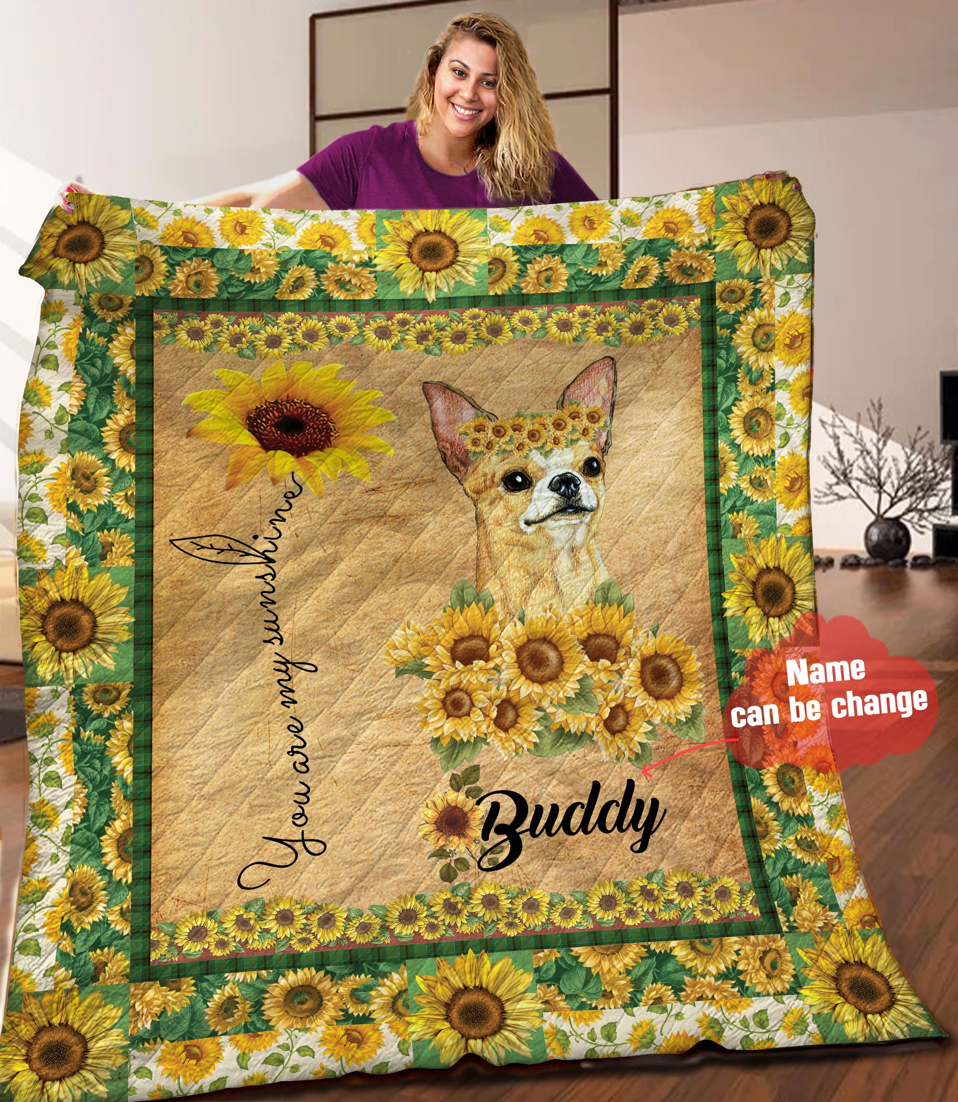 Chihuahua Sunflower Personalized Quilt Blanket HHH050607NA