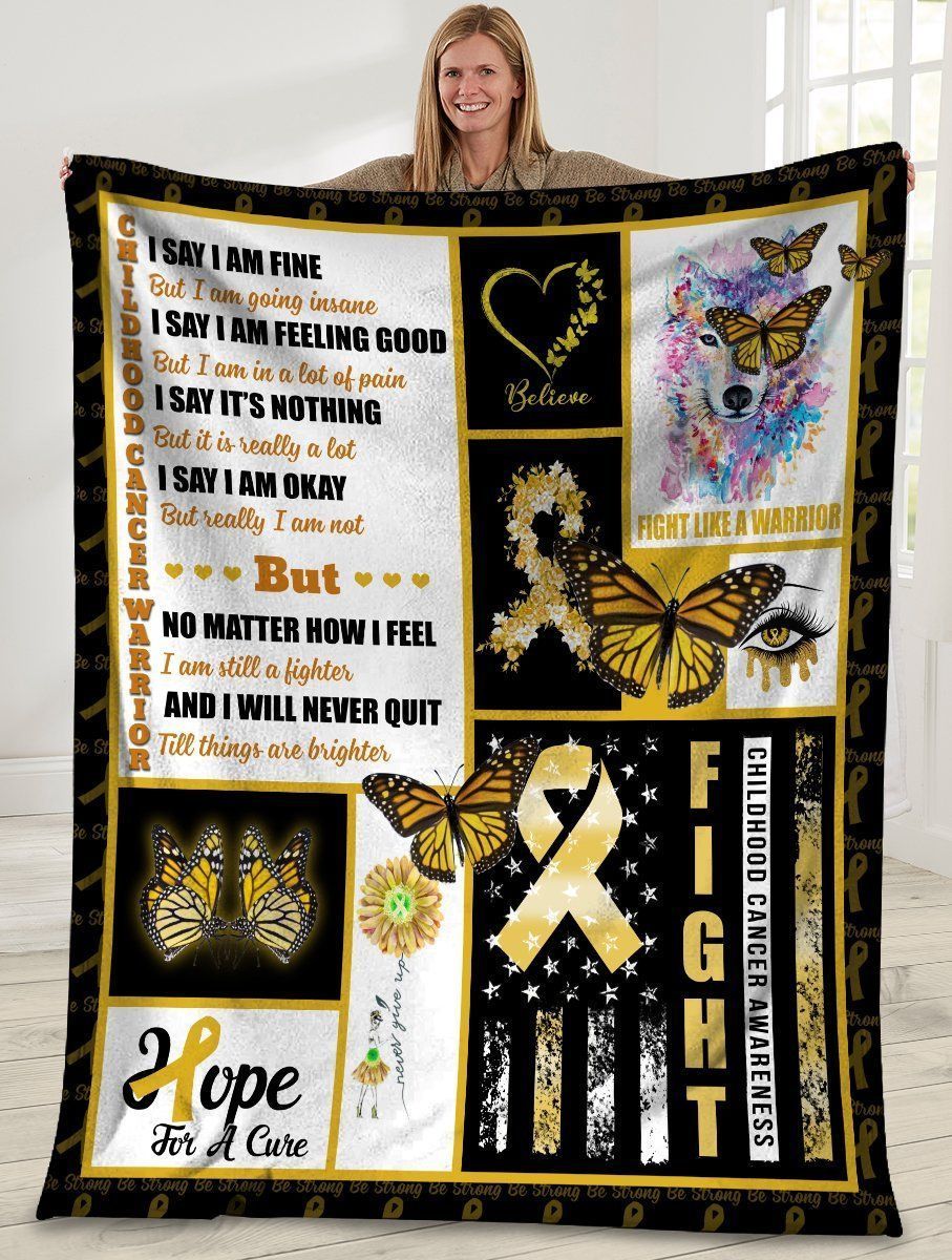 Childhood Cancer Warrior Childhood Cancer Awareness Yellow Ribbon Butterfly Fleece Blanket