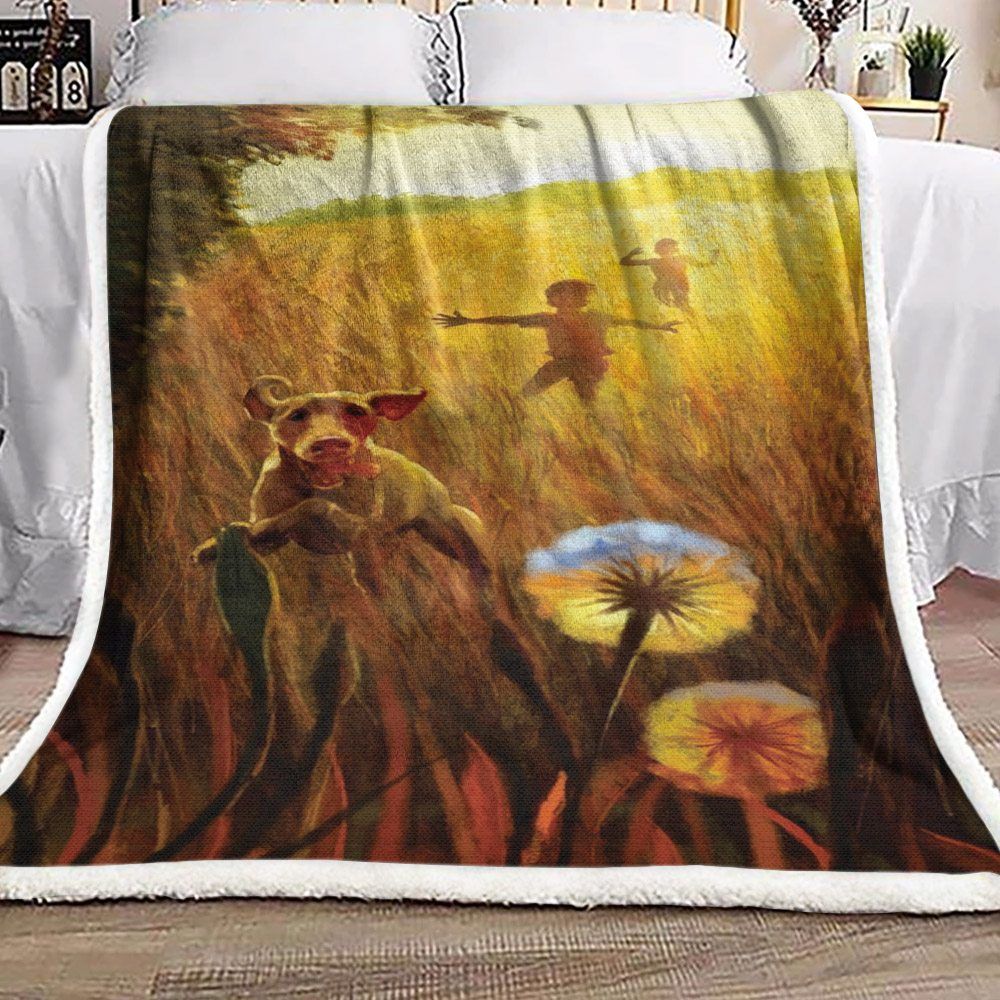 Children Dog Field Sherpa Fleece Blanket