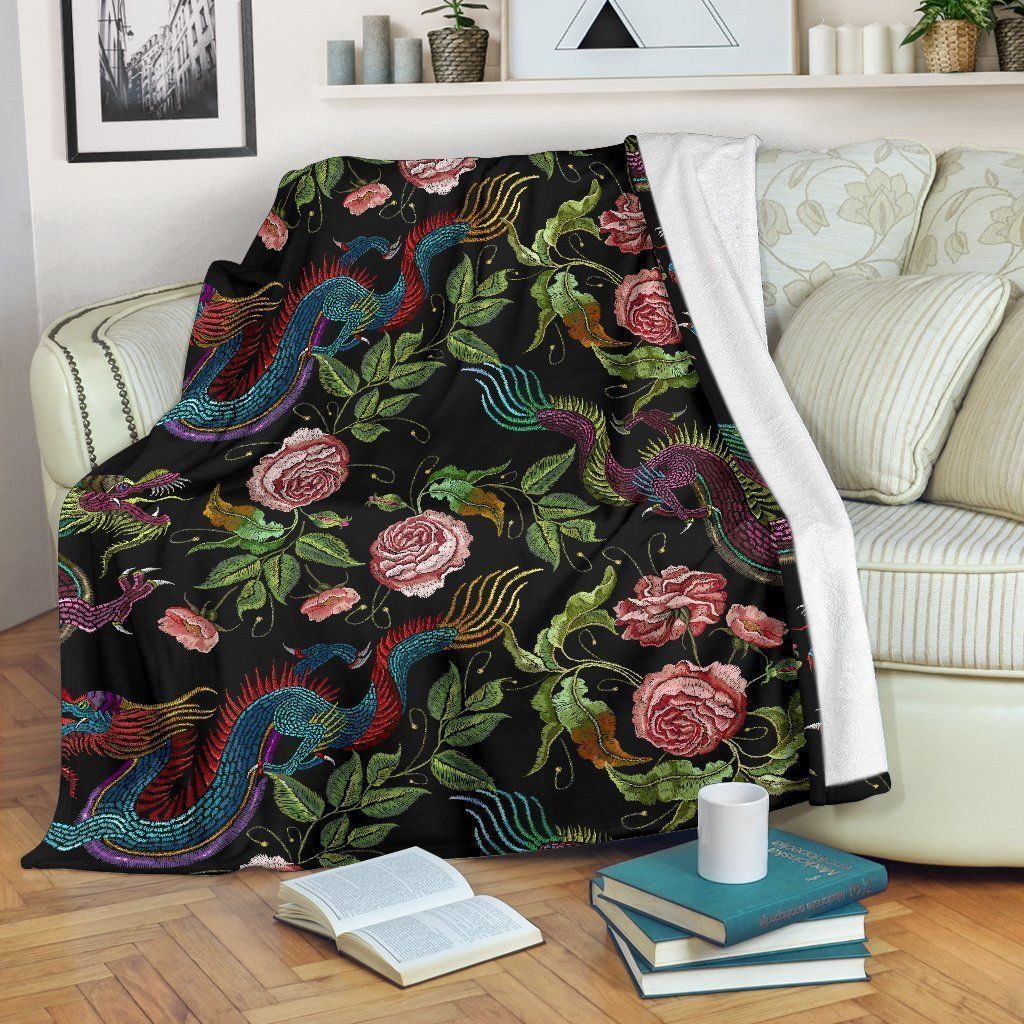 Chinese Dragon Flower Sherpa Fleece Blanket
