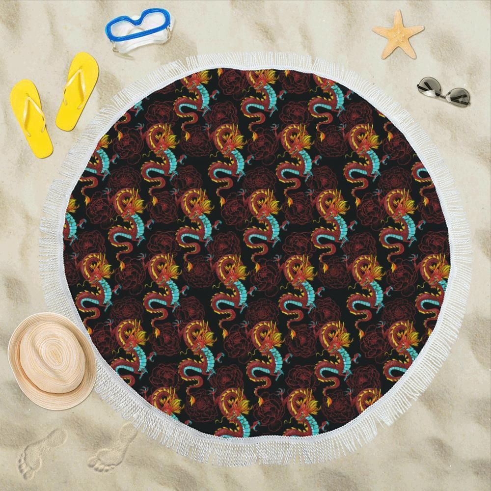 Chinese Dragons And Peonies Design Printed Round Beach Towel