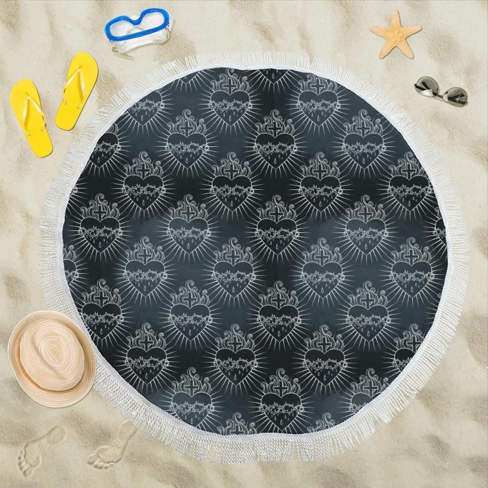 Christian Heart Tattoo Style Printed Round Beach Towel