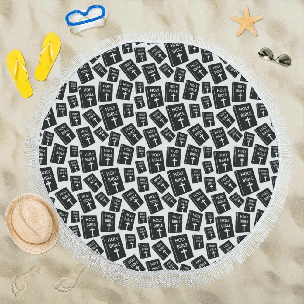 Christian Holy Bible Book Pattern Round Beach Towel