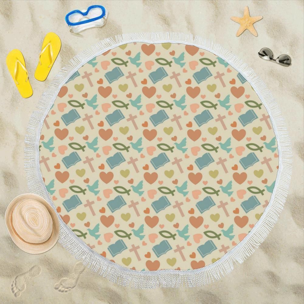 Christian Symbol Heart Pattern Printed Round Beach Towel