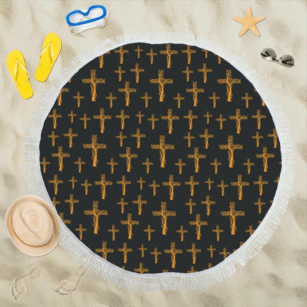 Christian Tree Of Life Cross Design Round Beach Towel