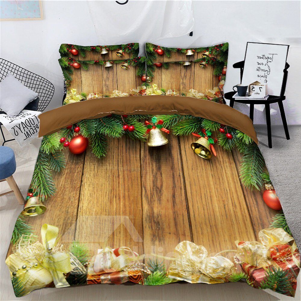 Christmas Ball And Bells Gifts Plank Wood Bedding Set