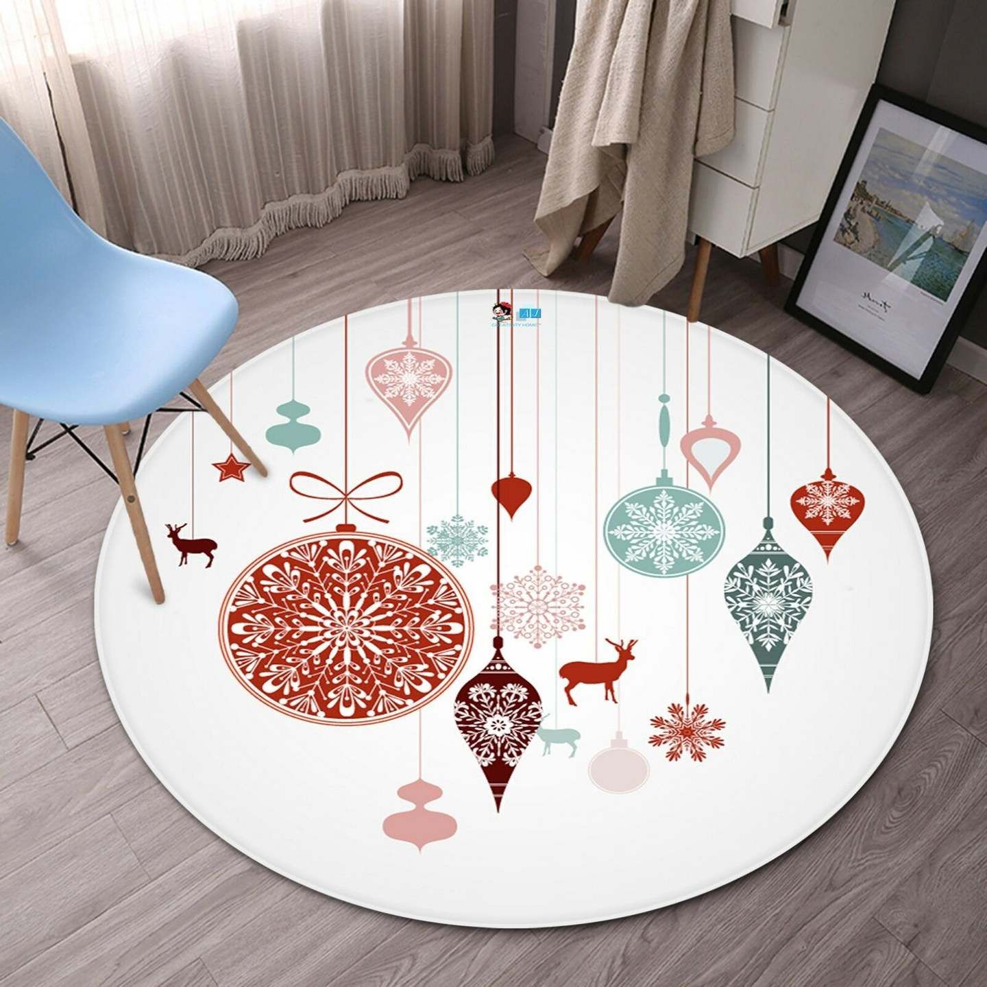 Christmas Ball And Deer Round Carpet