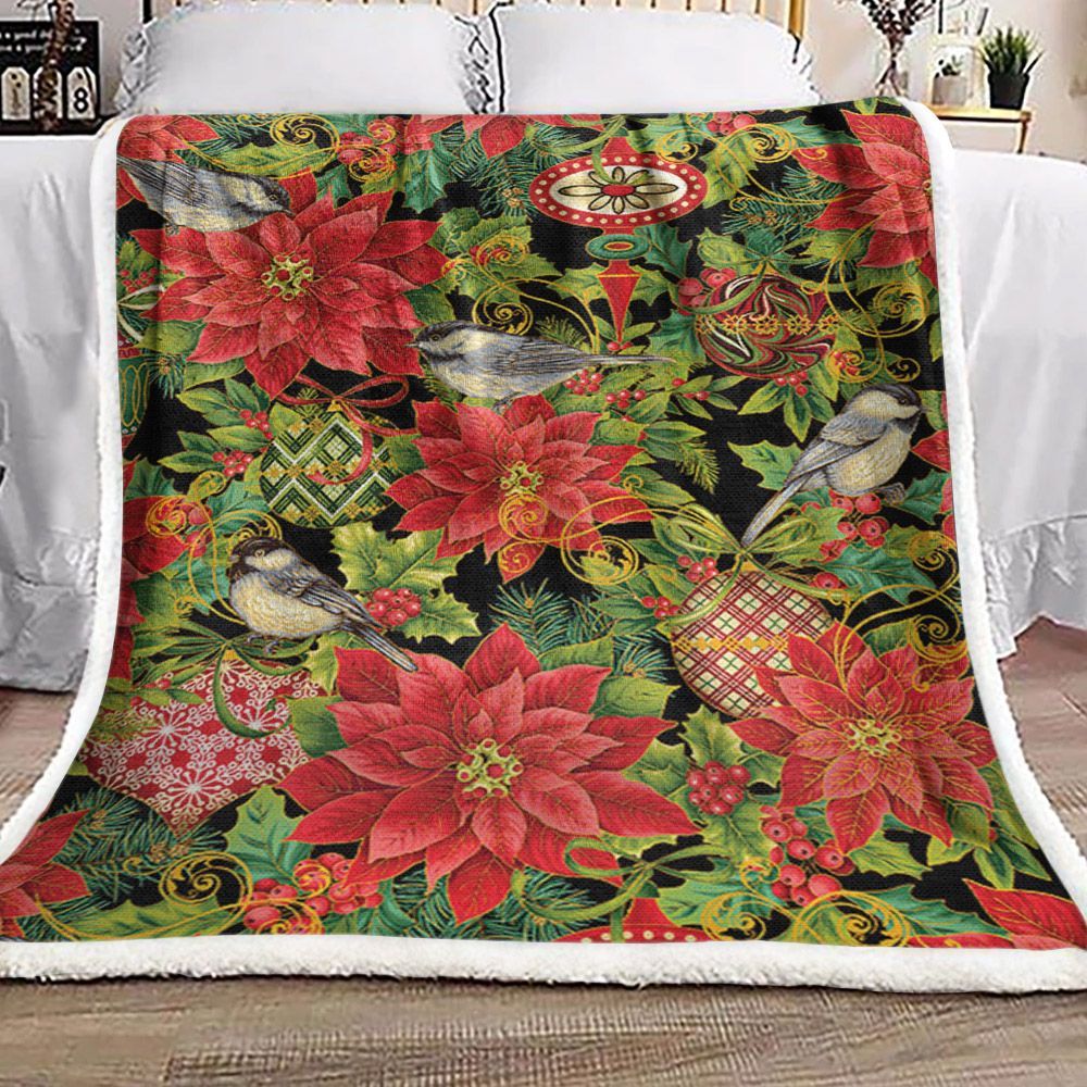 Christmas Bird Poinsettia Sherpa Fleece Blanket