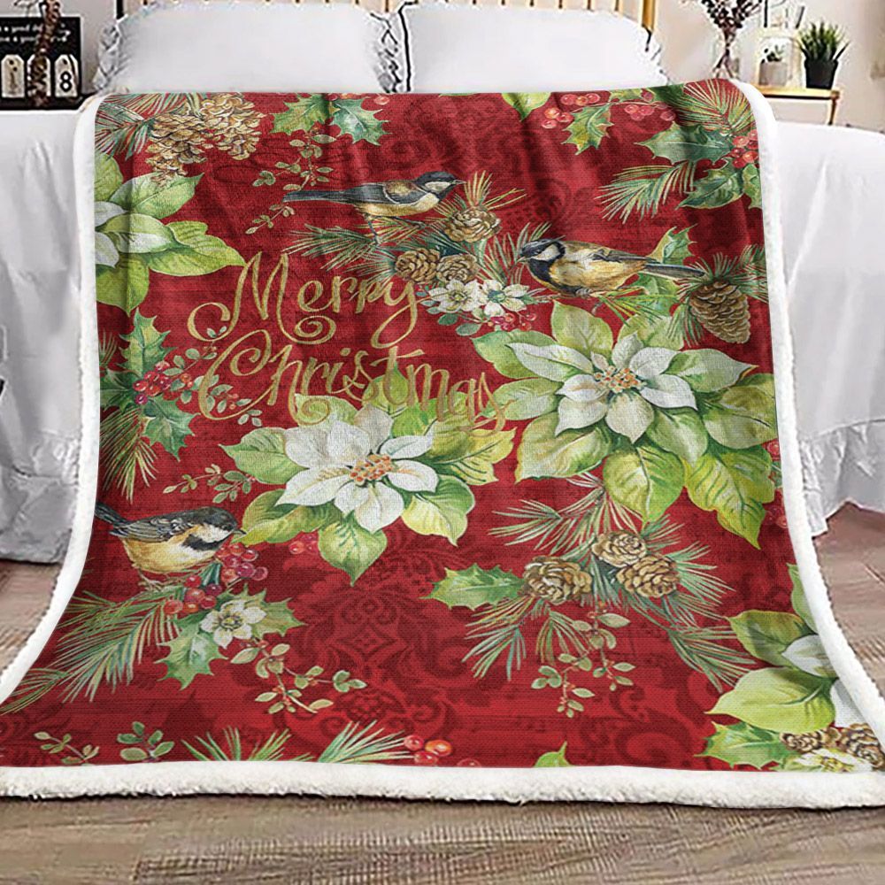 Christmas Bird Poinsettia Sherpa Fleece Blanket