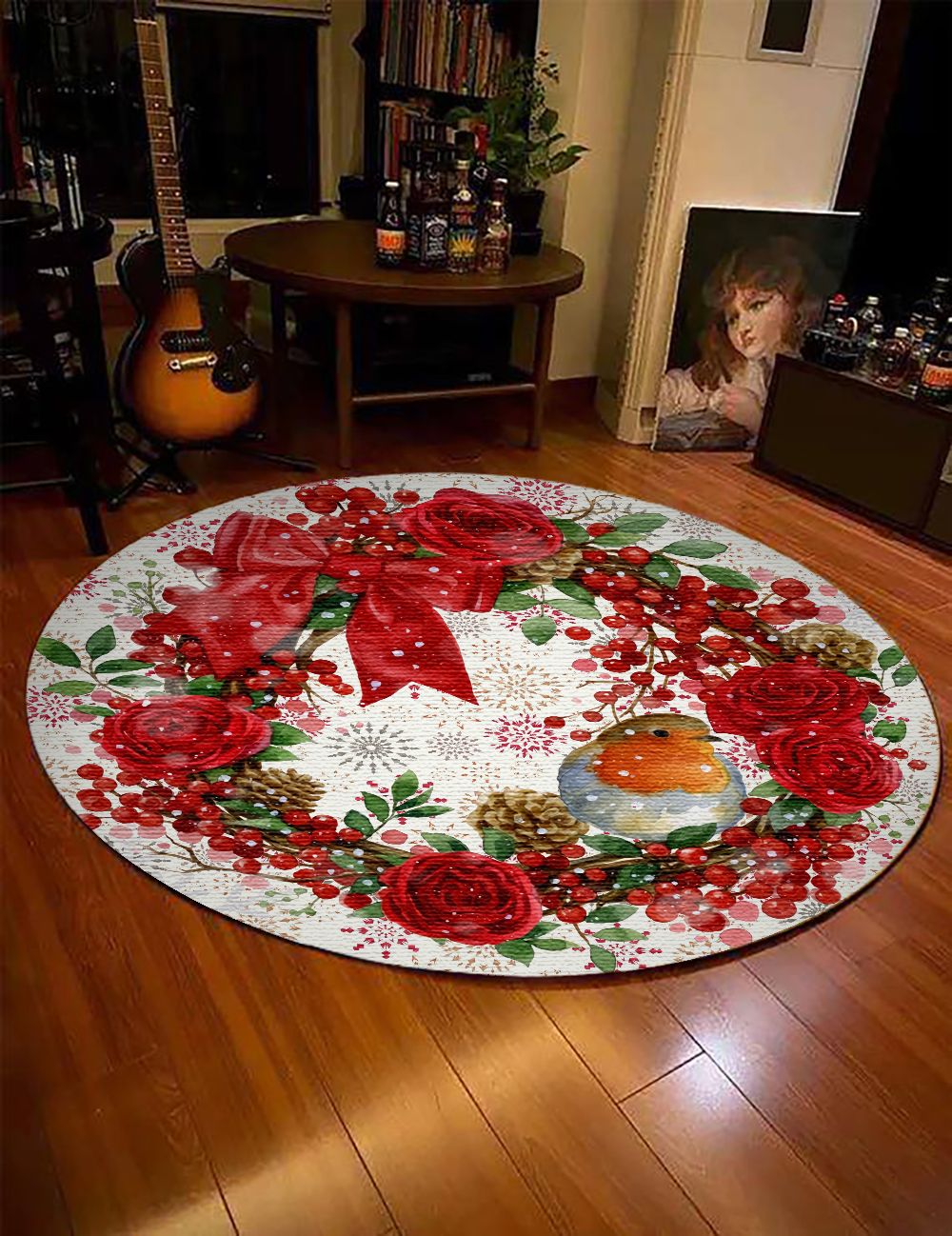 Christmas Bird Wreath Round Carpet