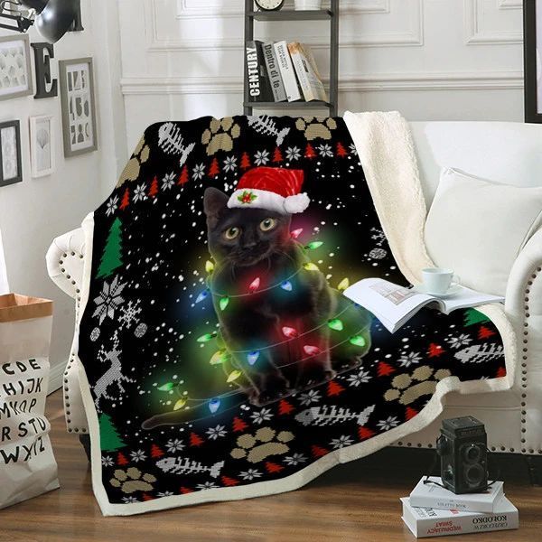 Christmas Black Cat Sherpa Fleece Blanket