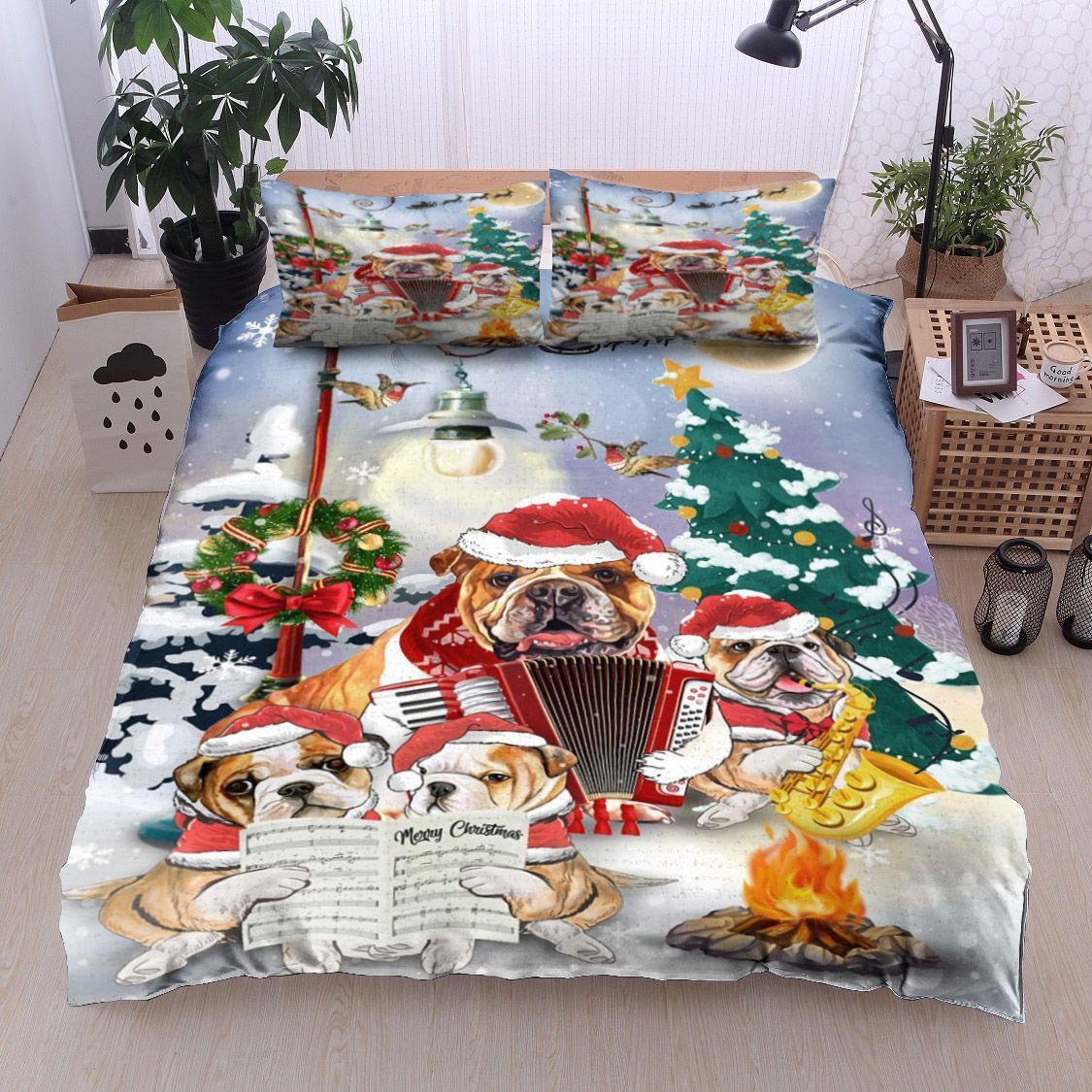 Christmas Bulldog Fire Music Bedding Set