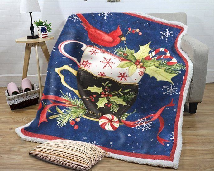 Christmas Cardinal Tea Cup Sherpa Fleece Blanket