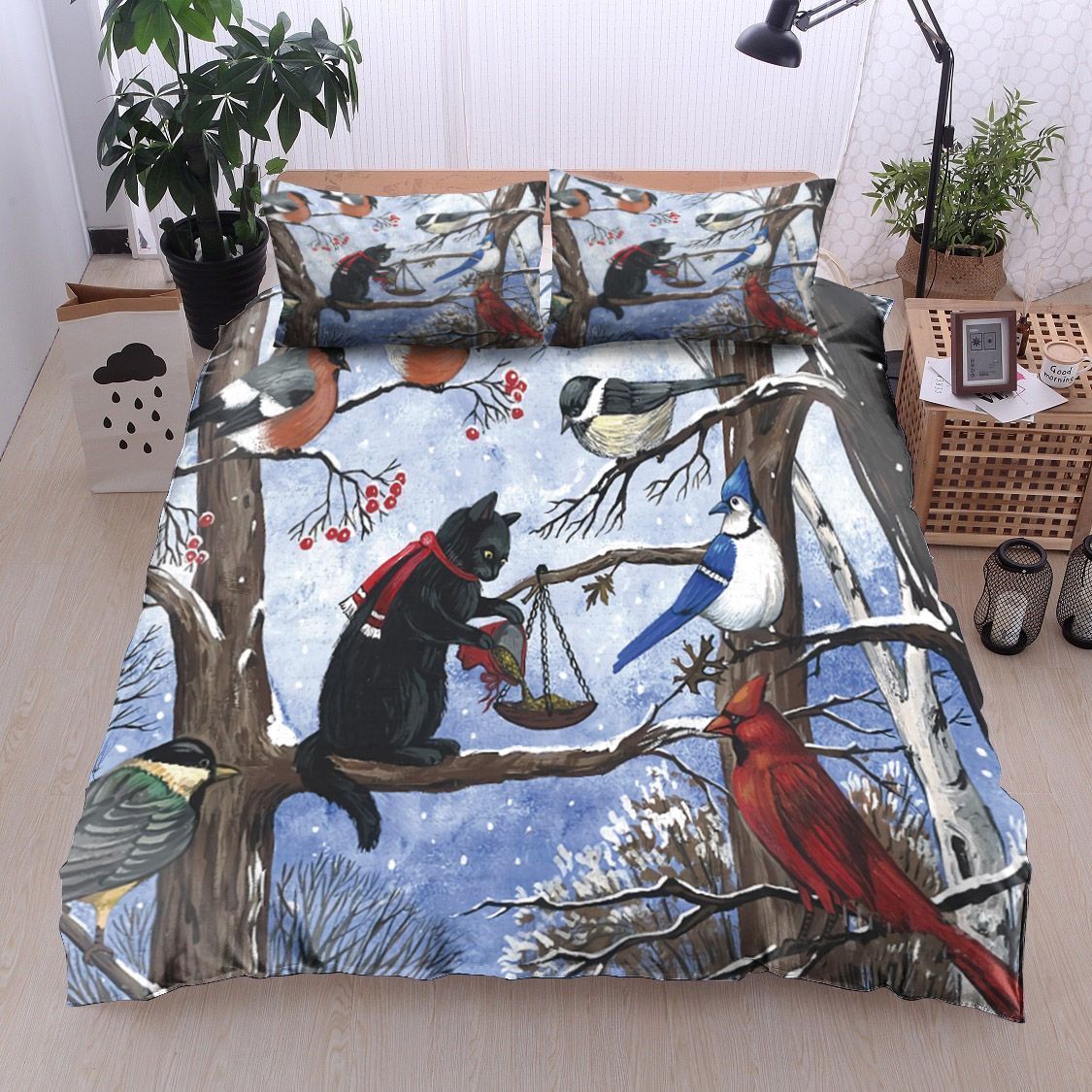 Christmas Cat And Bird Bedding Set