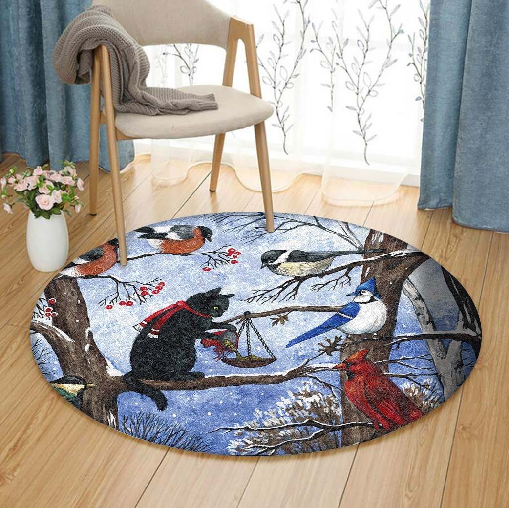 Christmas Cat And Bird Round Carpet
