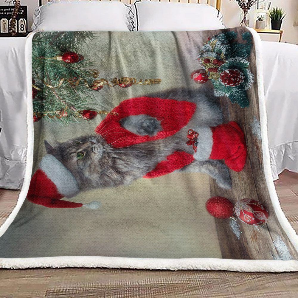Christmas Cat Pine Tree Sherpa Fleece Blanket