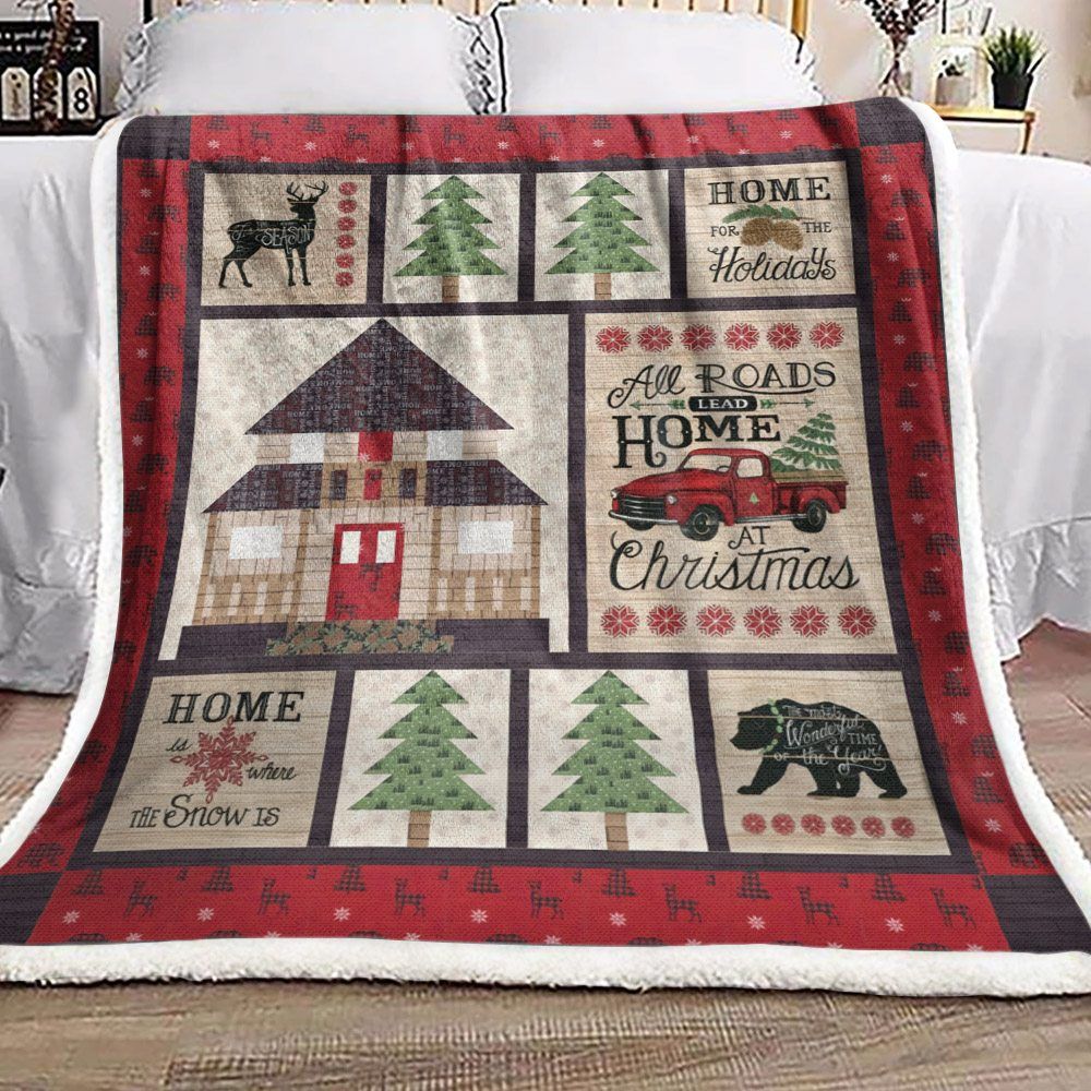 Christmas Deer House Pine Car Bear Sherpa Fleece Blanket