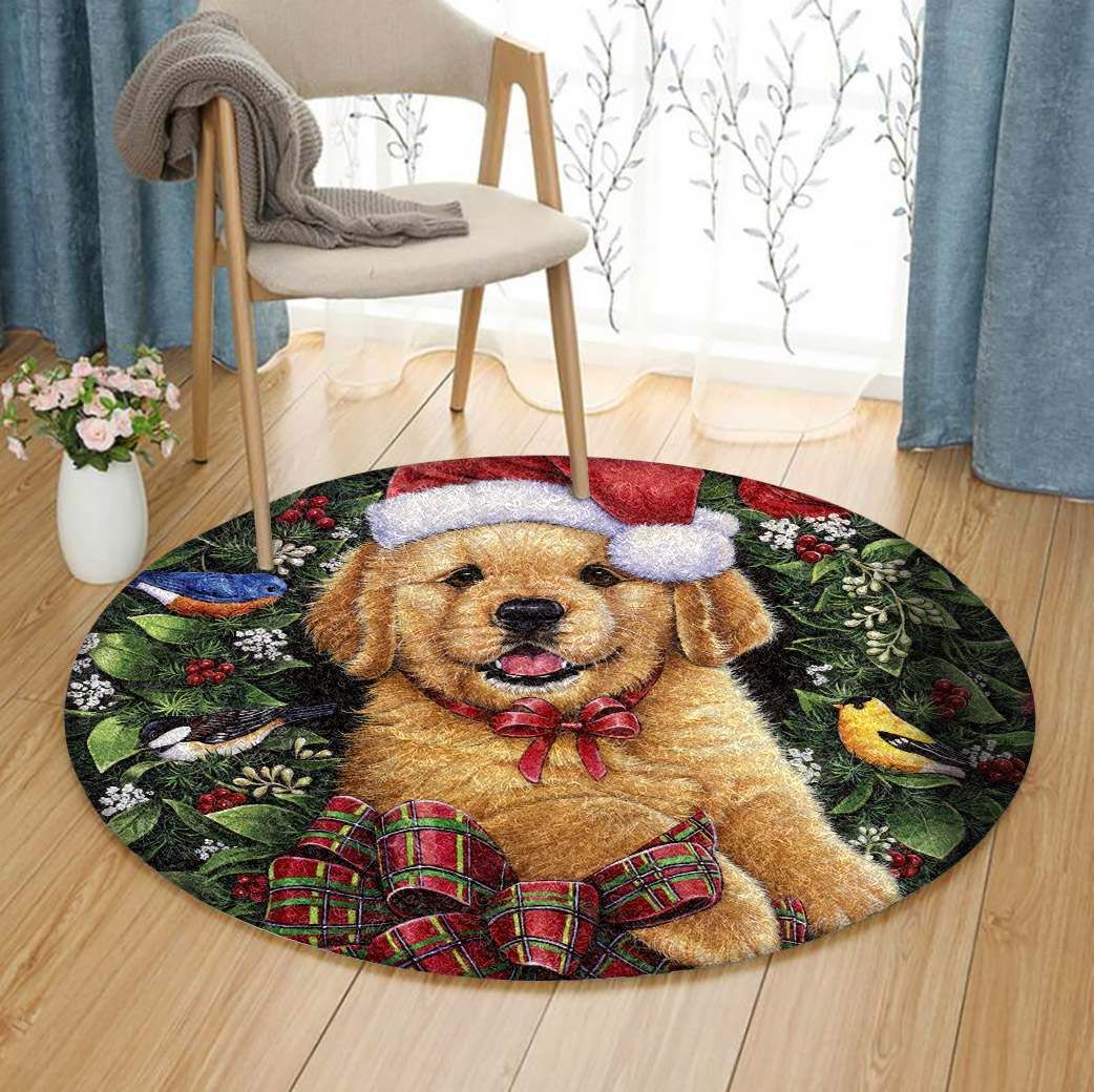 Christmas Golden Retriever Round Carpet