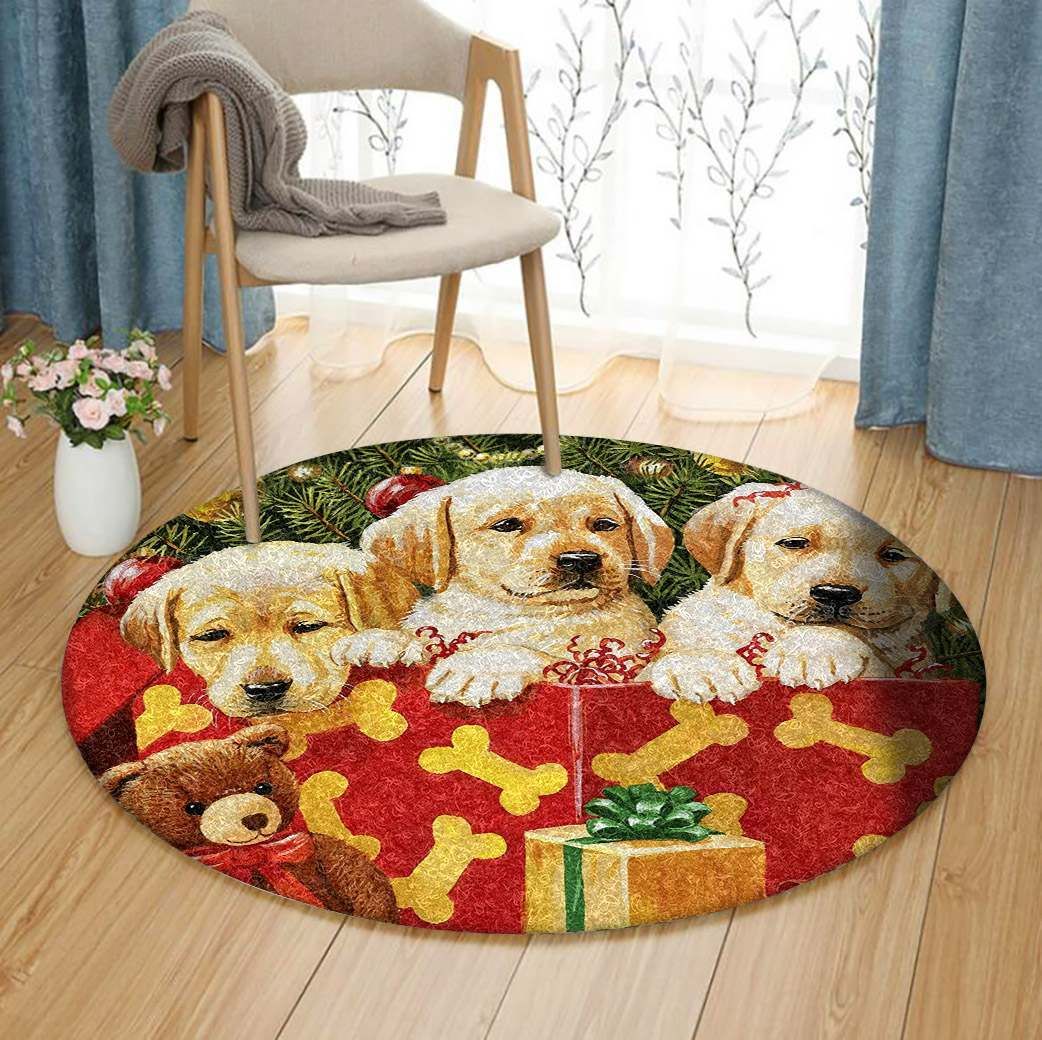 Christmas Golden Retriever Puppy Round Carpet