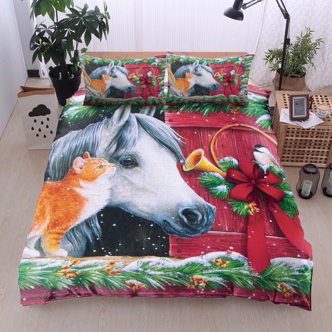 Christmas Horse Cat And Bird Bedding Set