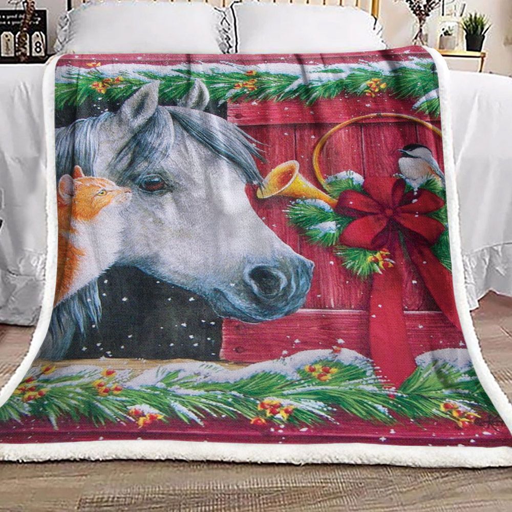 Christmas Horse Cat And Bird Sherpa Fleece Blanket