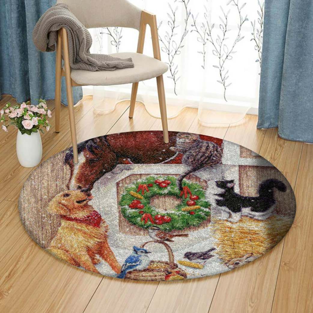 Christmas Horse Rabbit Cat Cardinal Golden Retriever Round Carpet