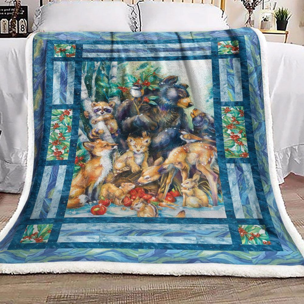 Christmas Jungle Bear Red Panda Fox Lynx Deer Rabbit Sherpa Fleece Blanket
