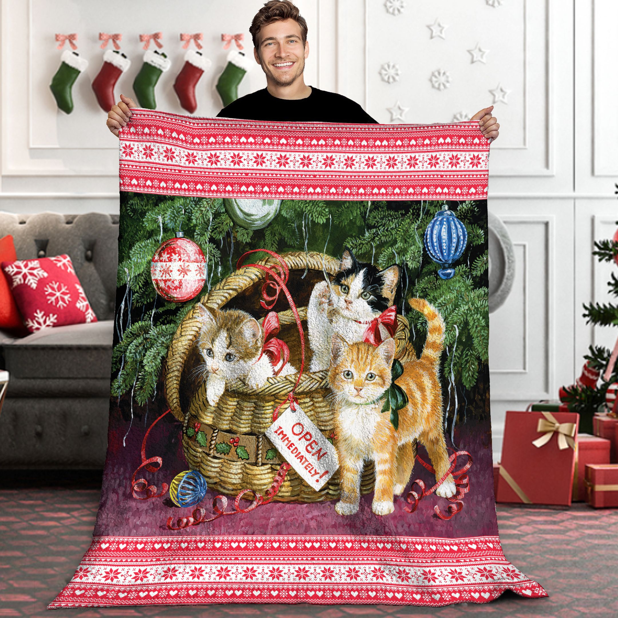 Christmas Kittie Sherpa Fleece Blanket