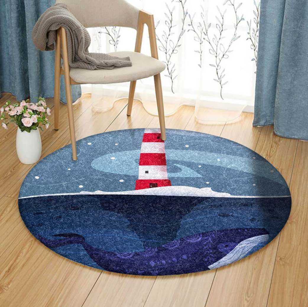 Christmas Lighthouse And Whale Round Carpet