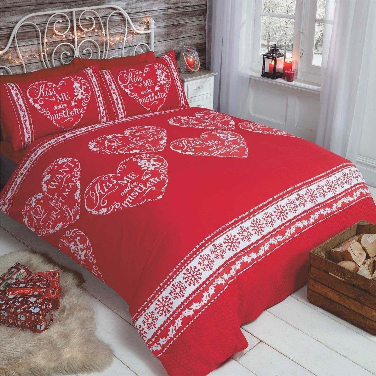 Christmas Love Hearts All I Want Snowflakes Red White Bedding Set