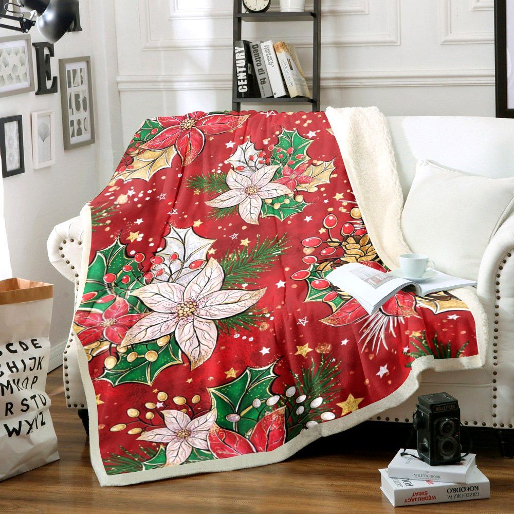 Christmas Poinsetta Sherpa Fleece Blanket