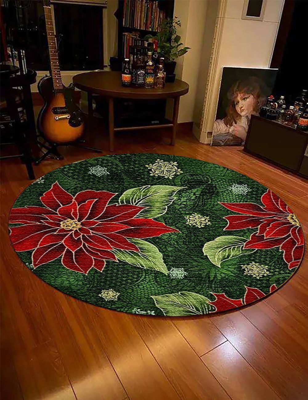 Christmas Poisettia Round Carpet