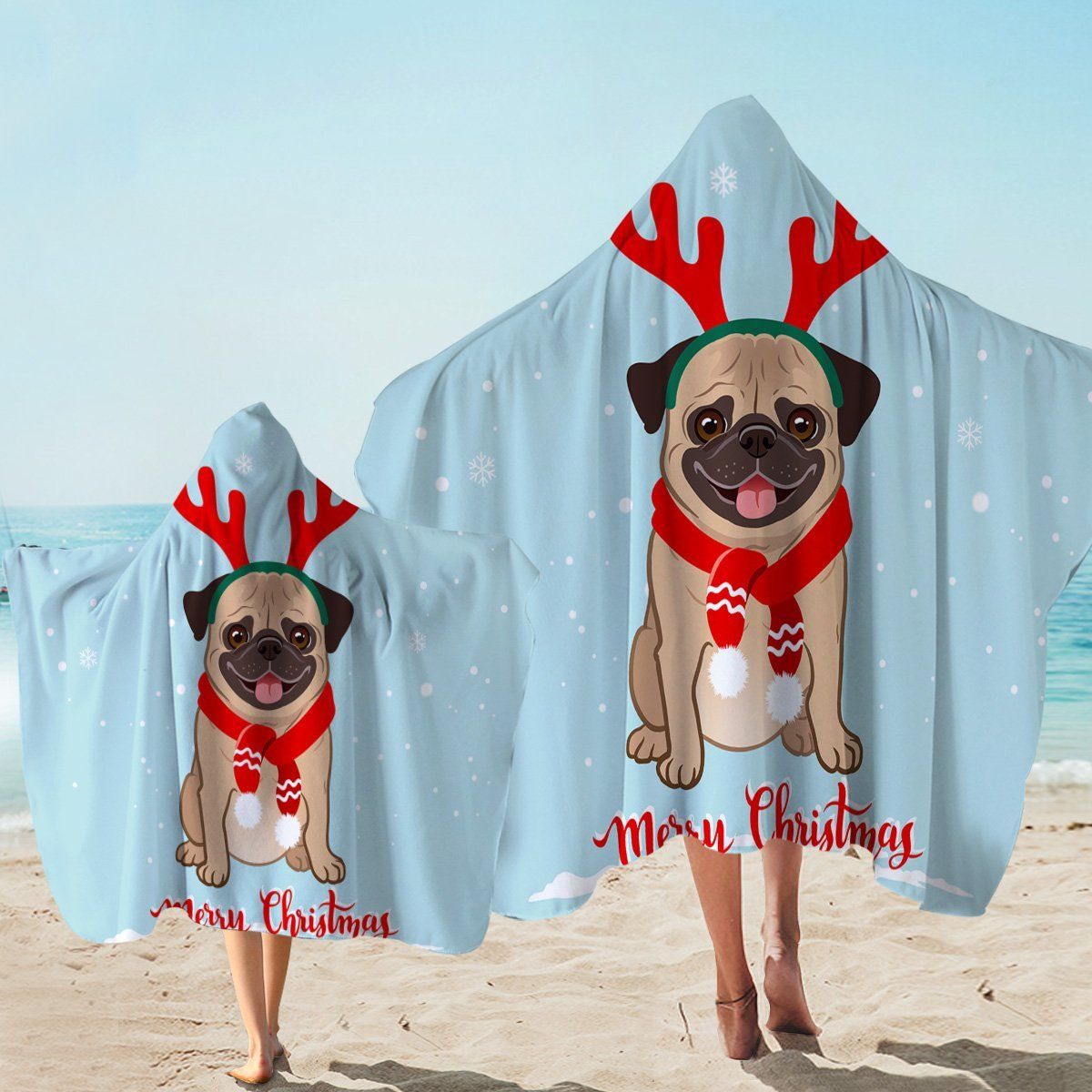 Christmas Pug Snow Printed Hooded Towel