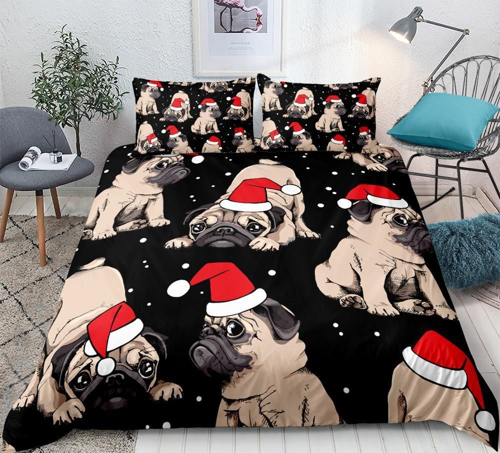 Christmas Pug Snow Sky Bedding Set