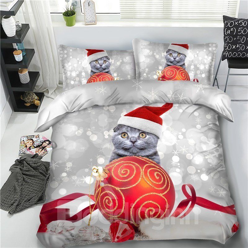 Christmas Red Ball And Cat Bedding Set