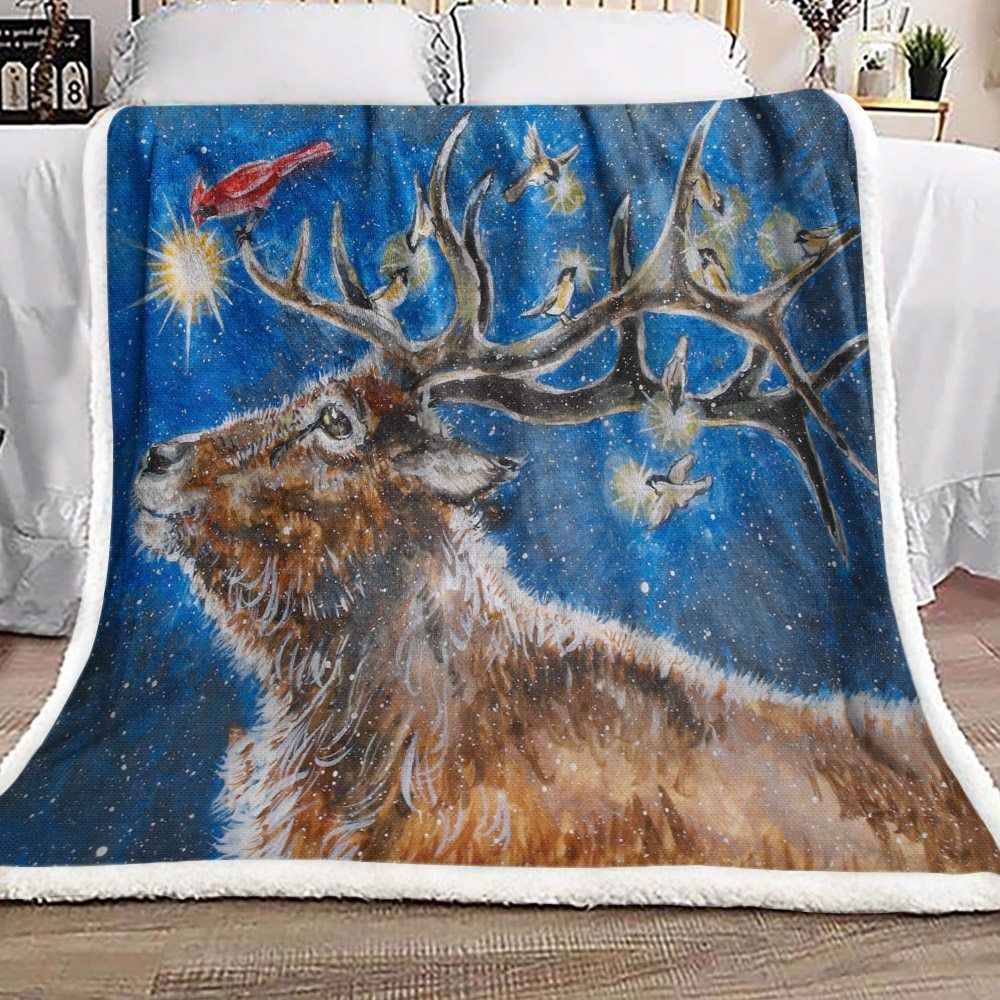Christmas Reindeer Cardinal Bird Sherpa Fleece Blanket