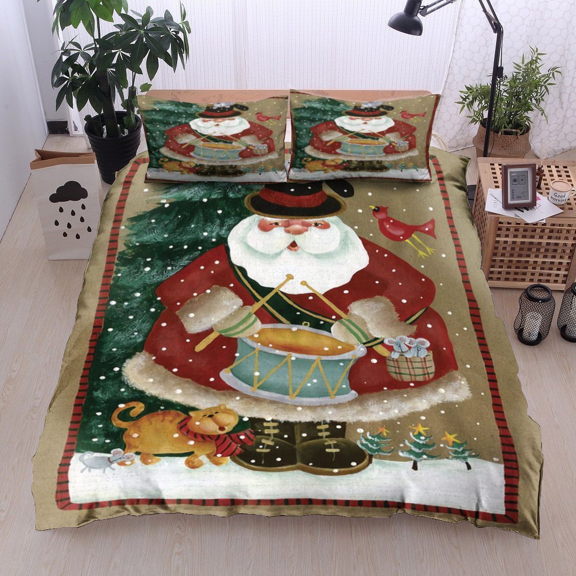 Christmas Santa Claus Cardinal Cat Bedding Set