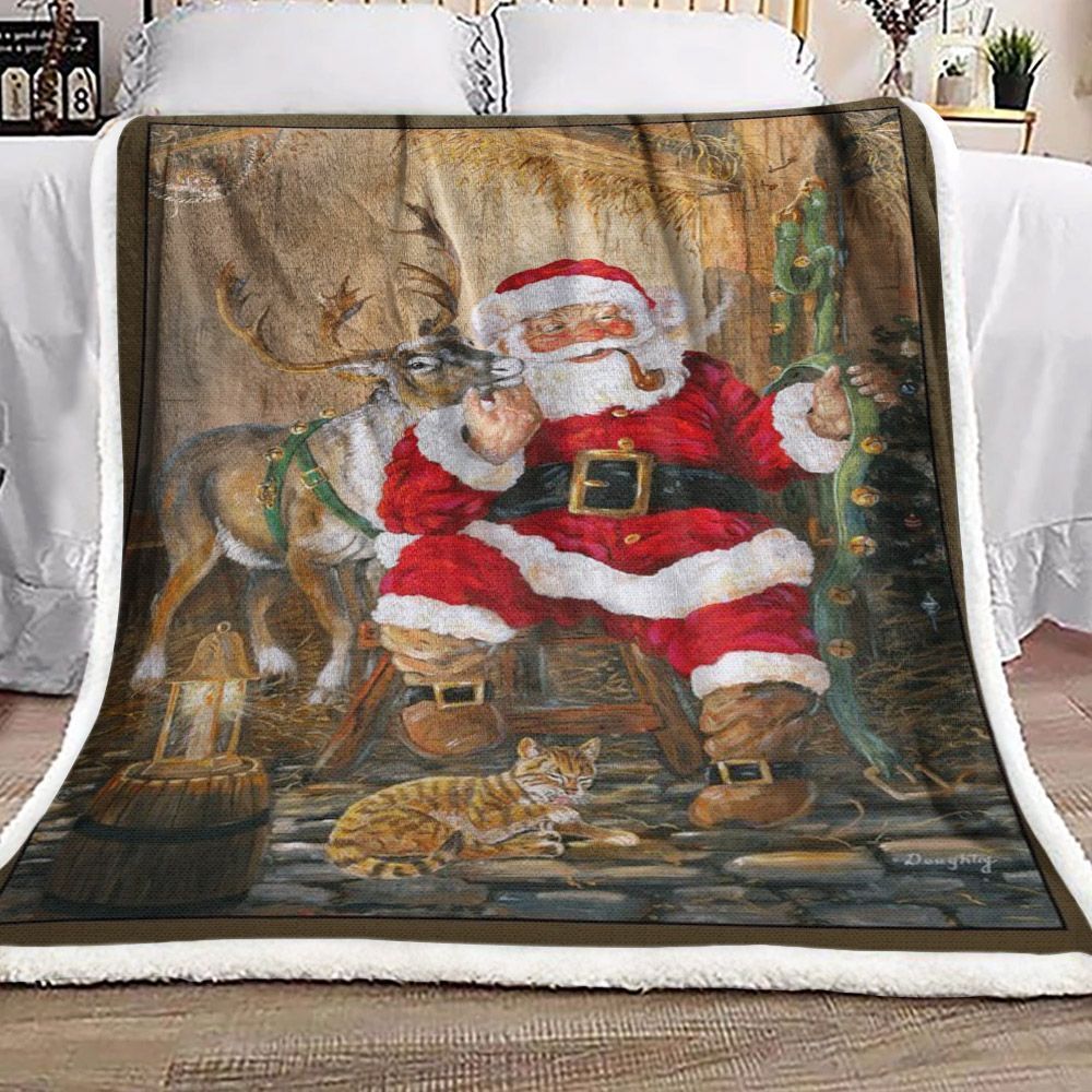 Christmas Santa Claus Deer Sherpa Fleece Blanket