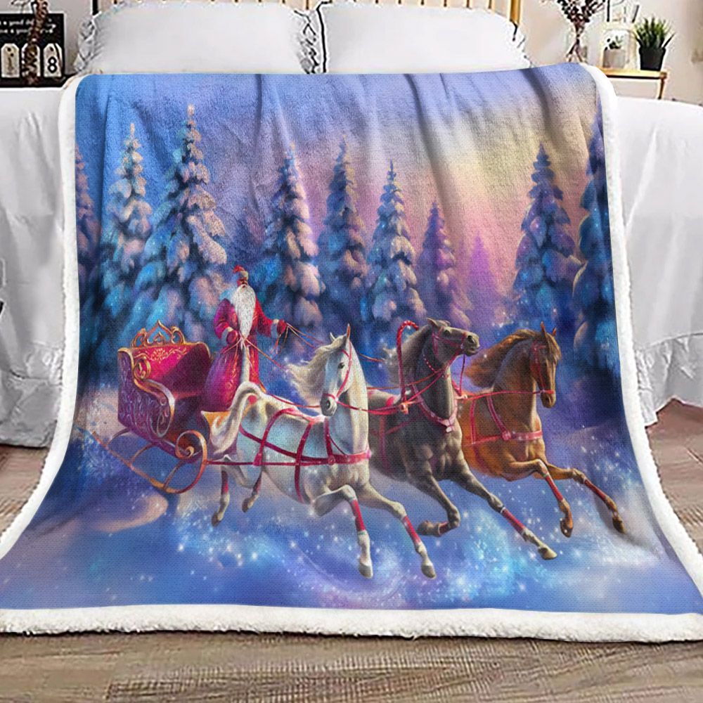 Christmas Santa Claus Horse Sherpa Fleece Blanket