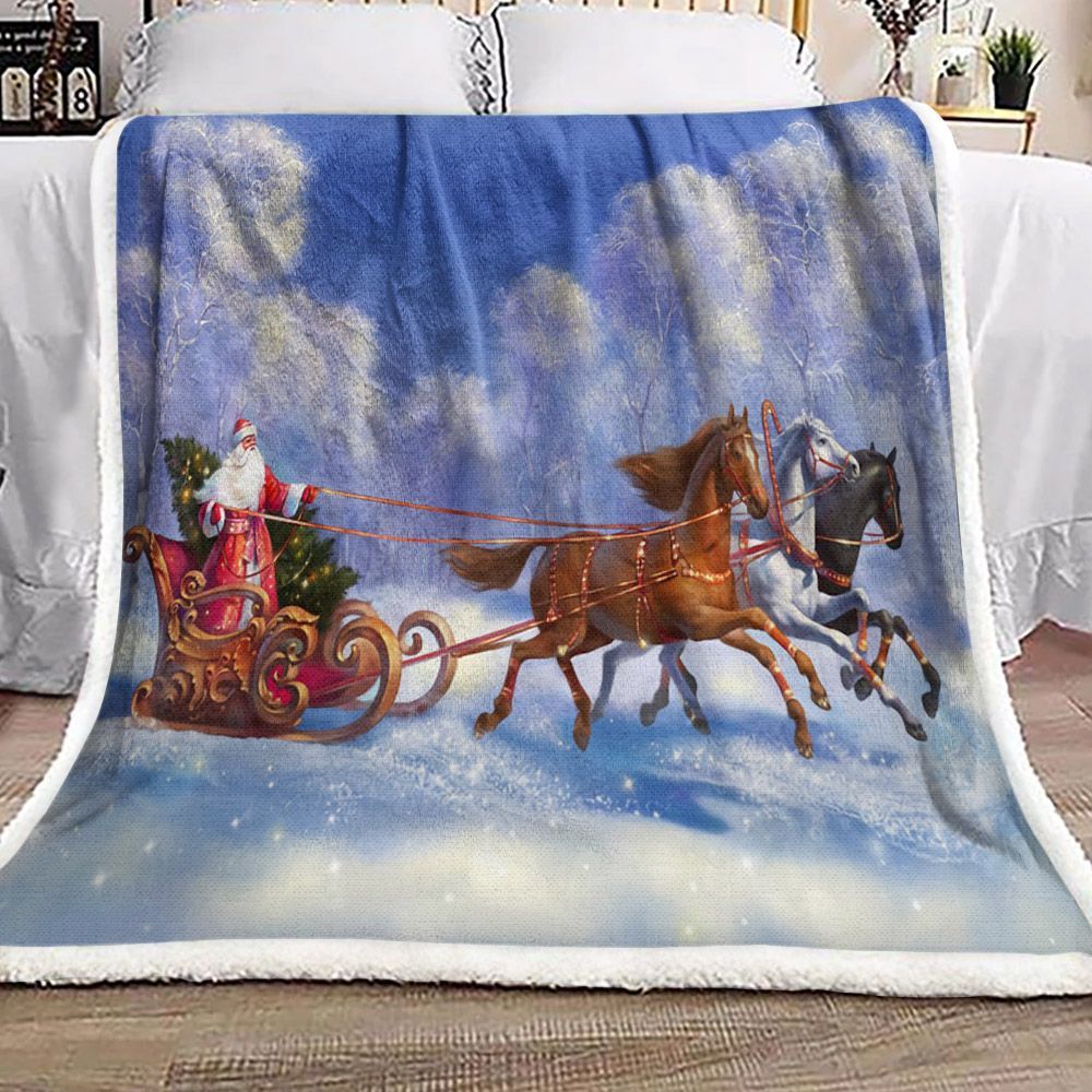 Christmas Santa Claus Horse Sherpa Fleece Blanket