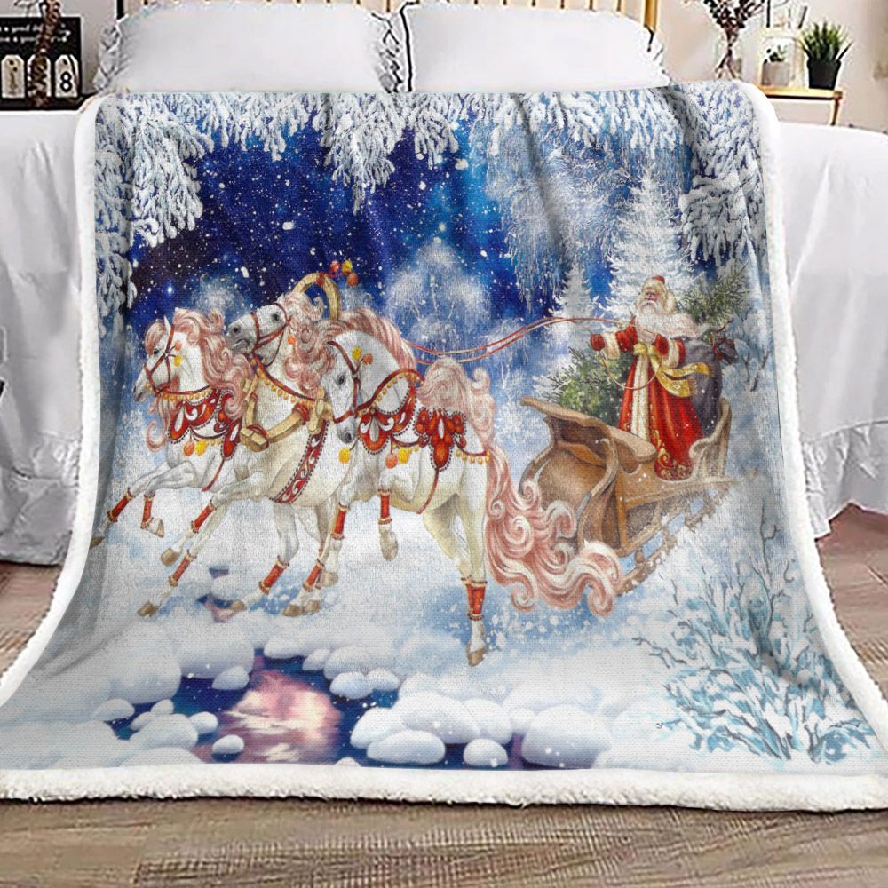 Christmas Santa Claus Horse Sherpa Fleece Blanket