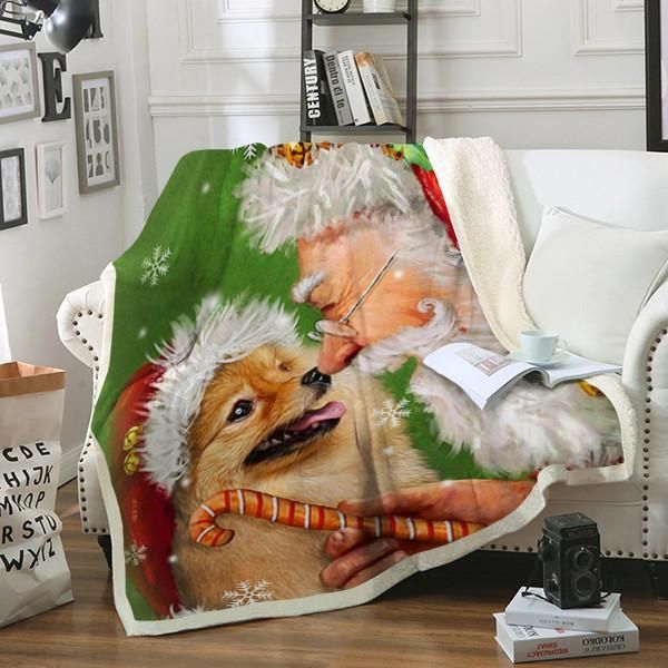 Christmas Santa Claus Pomeranian Dog Sherpa Fleece Blanket