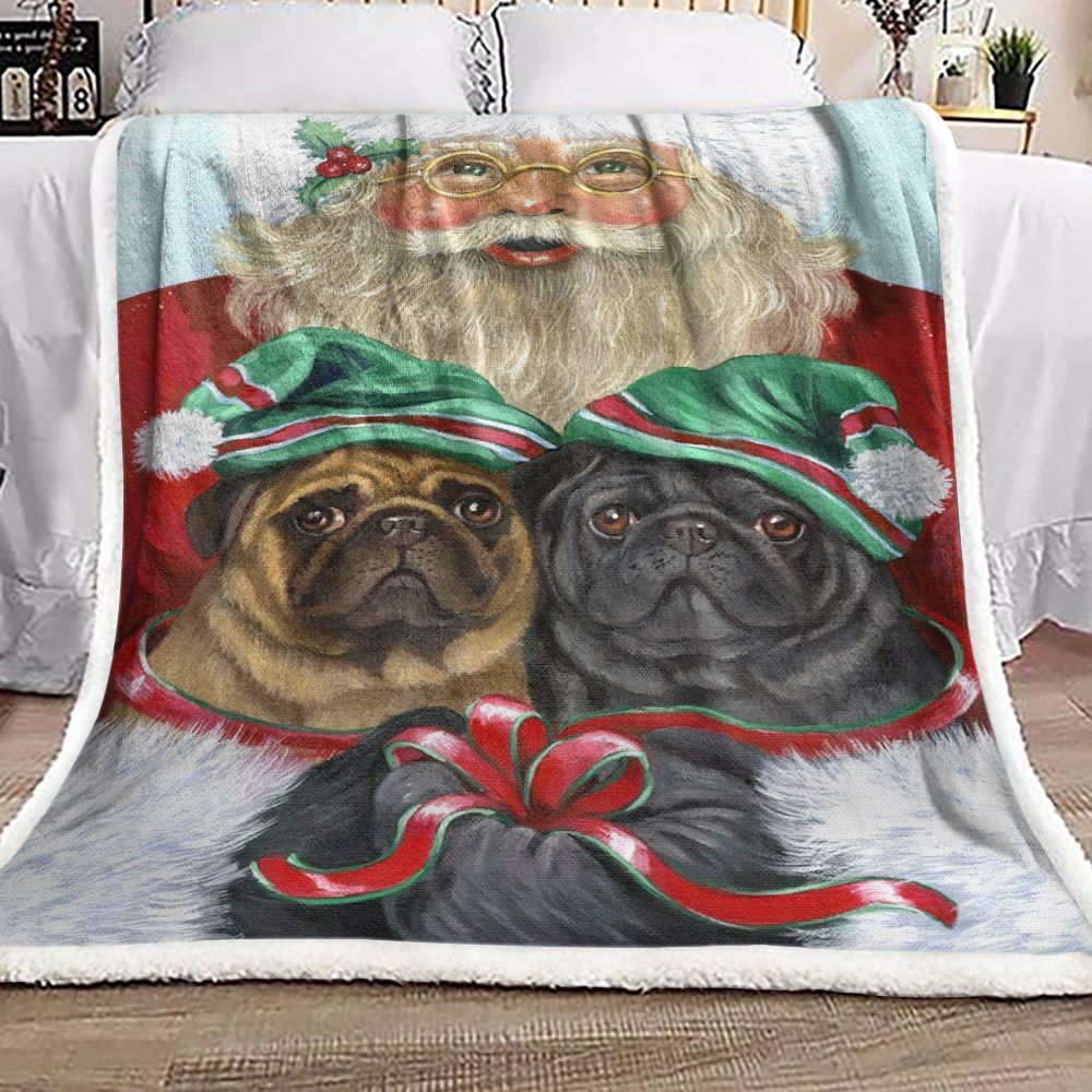 Christmas Santa Claus Pug Sherpa Fleece Blanket