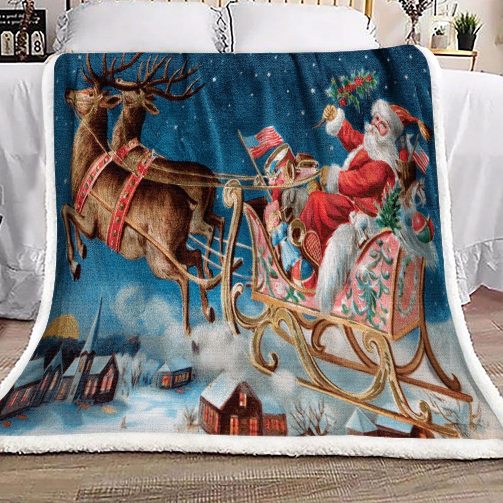 Christmas Santa Claus Reindeer Snow Sherpa Fleece Blanket