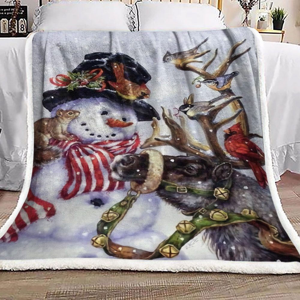 Christmas Santa Claus Reindeer Snowman Cardinal Bird Sherpa Fleece Blanket