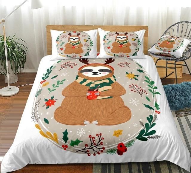 Christmas Sloth In Flowers Branches Bedding Set