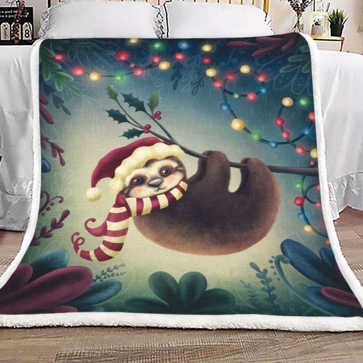 Christmas Sloth With Santa Hat Fleece Blanket