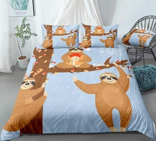 Christmas Sloths Blue Background Bedding Set