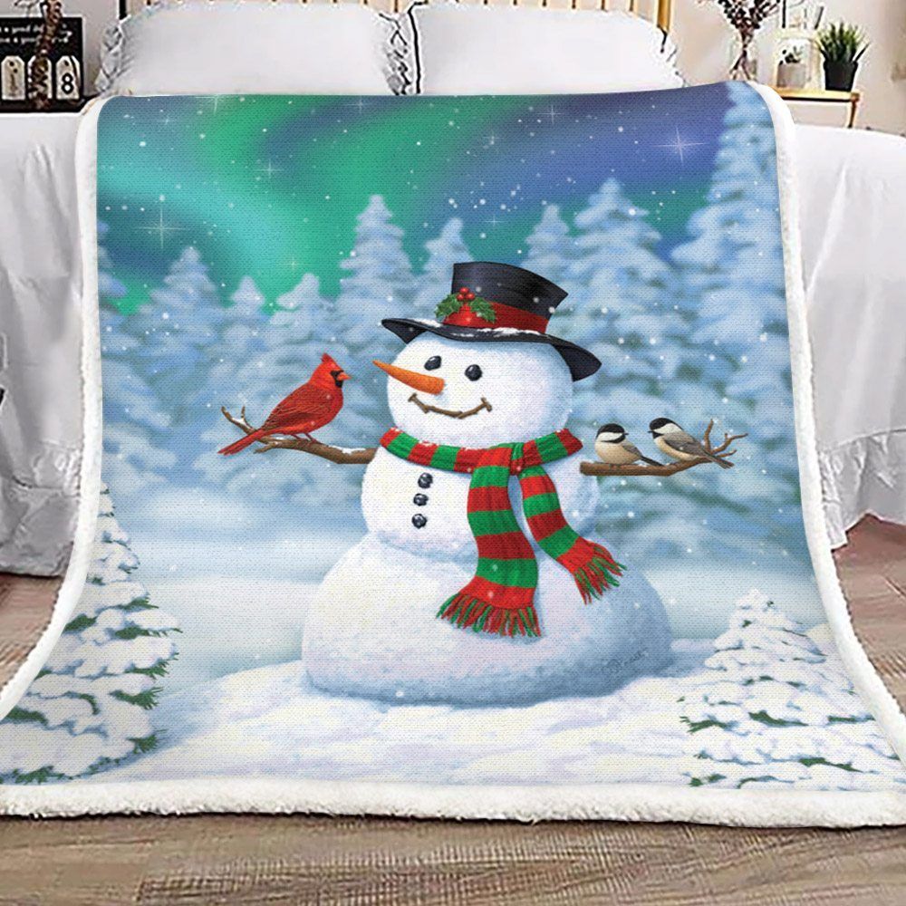 Christmas Snowman And Birds Sherpa Fleece