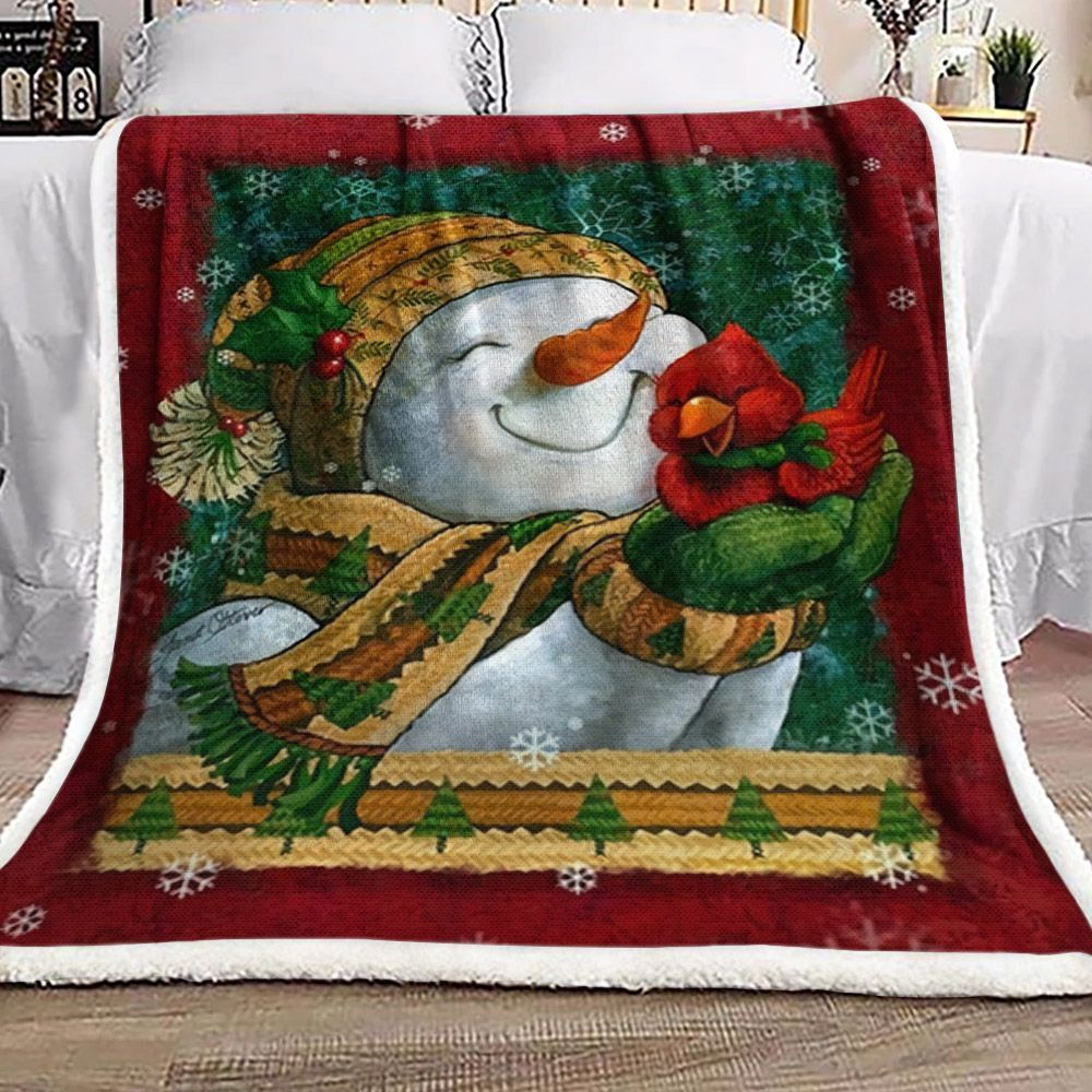 Christmas Snowman And Cardinal Sherpa Fleece Blanket